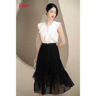 Chân váy đen voan hàn quốc, dáng xòe nhún 3 tầng phối ren Toson 35087B03