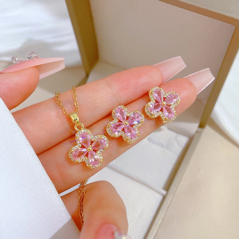 Bộ Dây Chuyền + Bông Tai Bằng Thép Titan Hình Hoa Bốn Lá Dát Nhẹ Sang Trọng