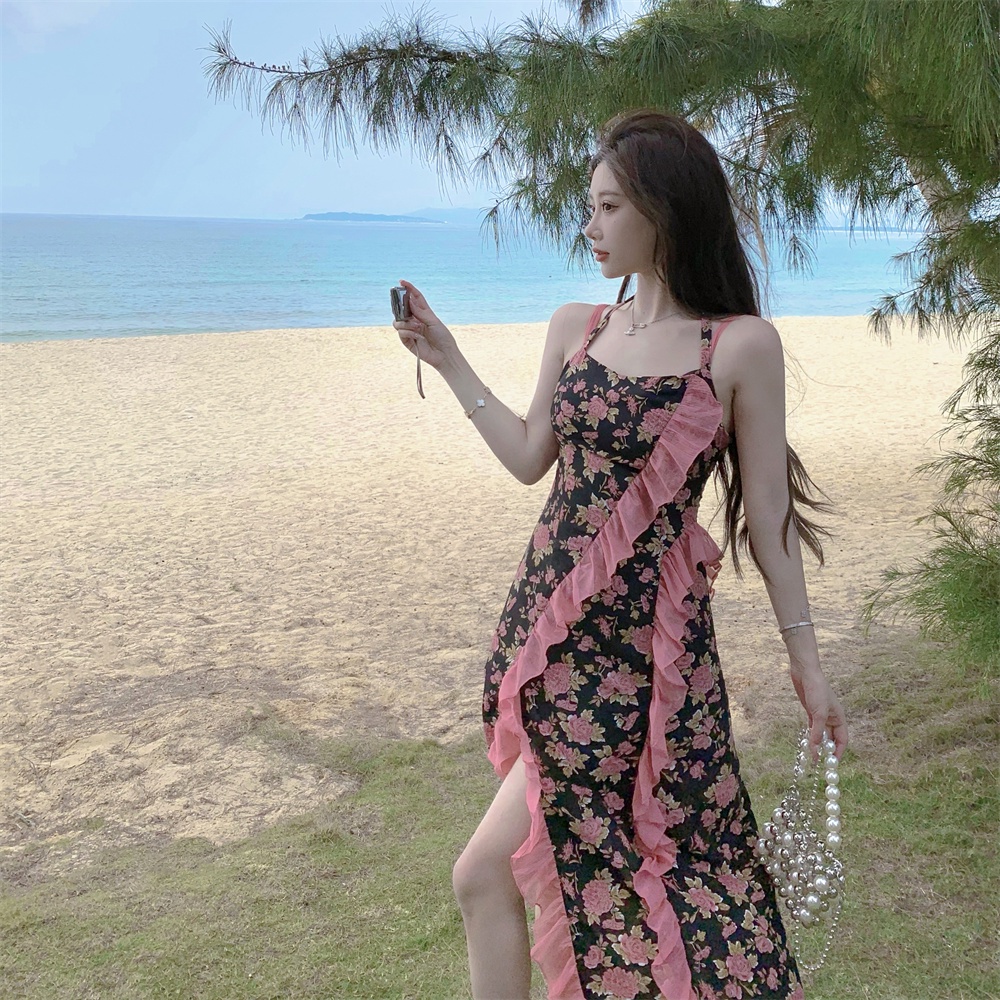 Đầm Hai Dây Họa Tiết Hoa Hồng Phong Cách Retro Pháp