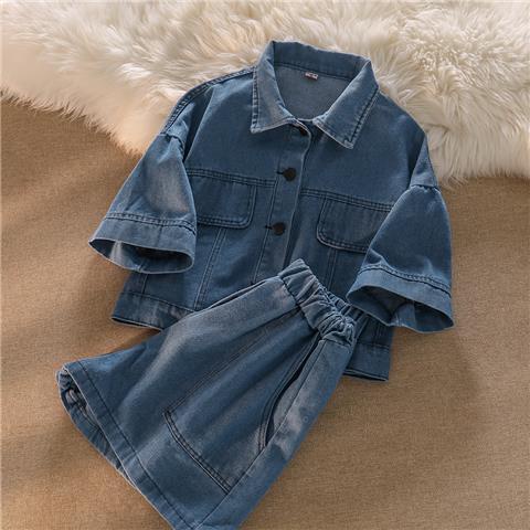 Set Áo Sơ Mi Ngắn Tay + Quần Short Denim Thời Trang Hàn Quốc Cho Nữ