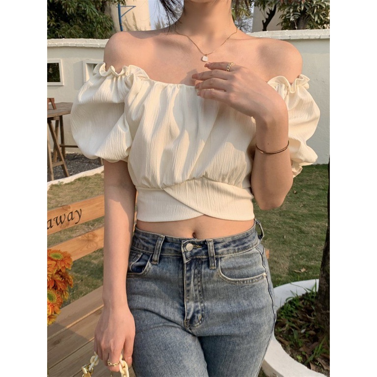 Áo baby tee Thun croptop Kiểu Trễ Vai Tay Phồng Dáng Ngắn Phối Bèo Thời Trang Cho Nữ