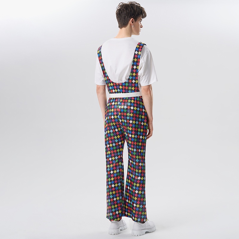 Quần yếm INCERUN không tay dáng chữ U họa tiết sọc caro thời trang cá tính cho nam