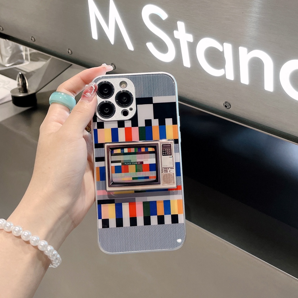 Ốp Điện Thoại TPU Silicone Mềm Mạ Điện Hình TV Sáng Tạo Có Giá Đỡ Bảo Vệ Toàn Diện Cho iPhone 14 13 12 11 PRO MAX