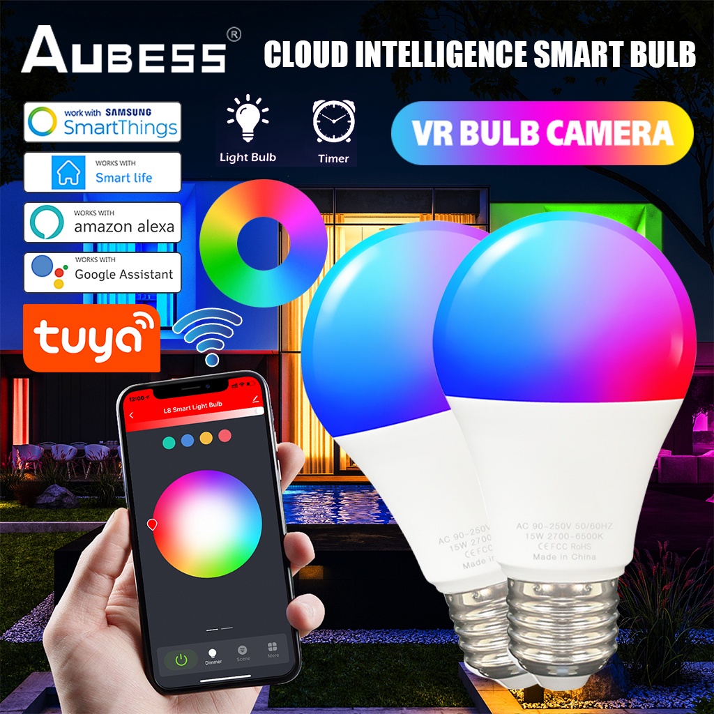 Bóng đèn thông minh AUBESS Wifi Tuya Smart Life 15W E27 LED RGB điều chỉnh độ sáng tương thích Alexa Google Home