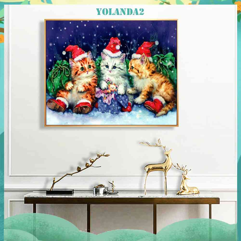 Tranh Đính Đá Kim Cương Toàn Bộ 5D DIY Hình Vẽ Mèo Giáng Sinh