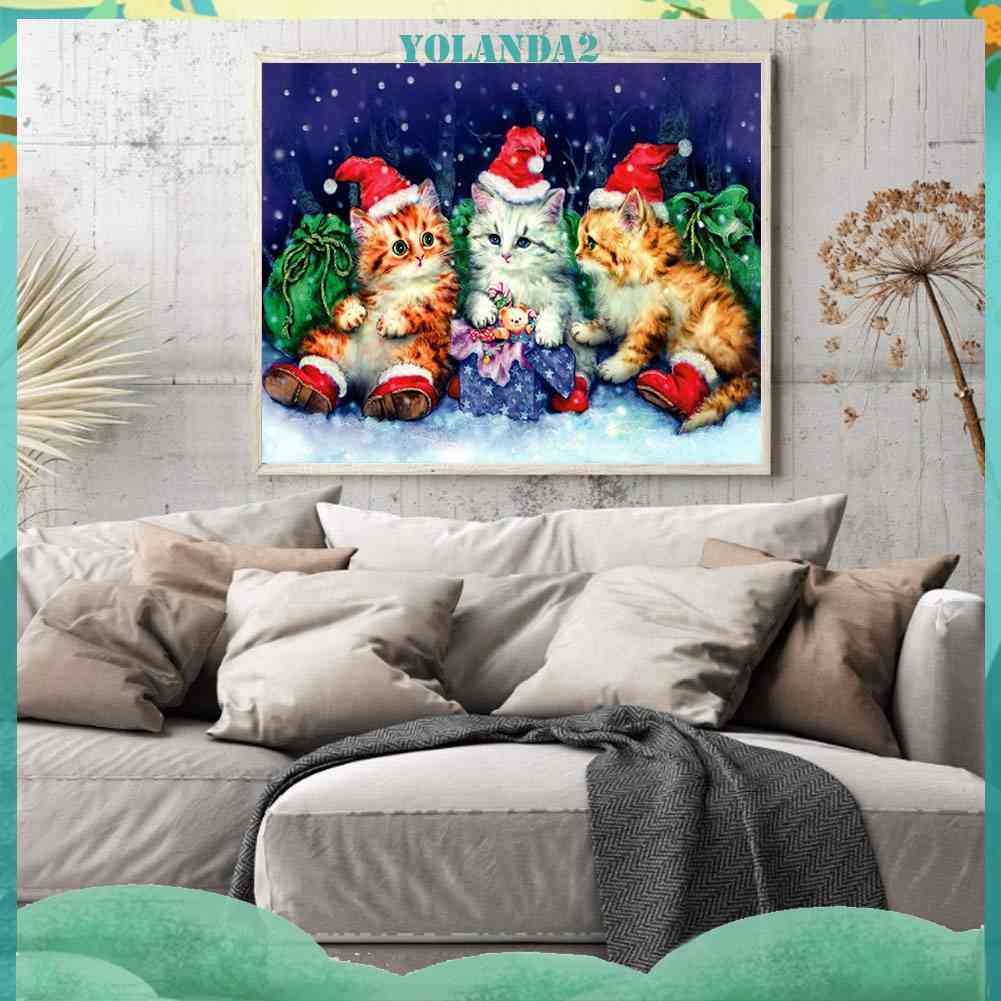 Tranh Đính Đá Kim Cương Toàn Bộ 5D DIY Hình Vẽ Mèo Giáng Sinh