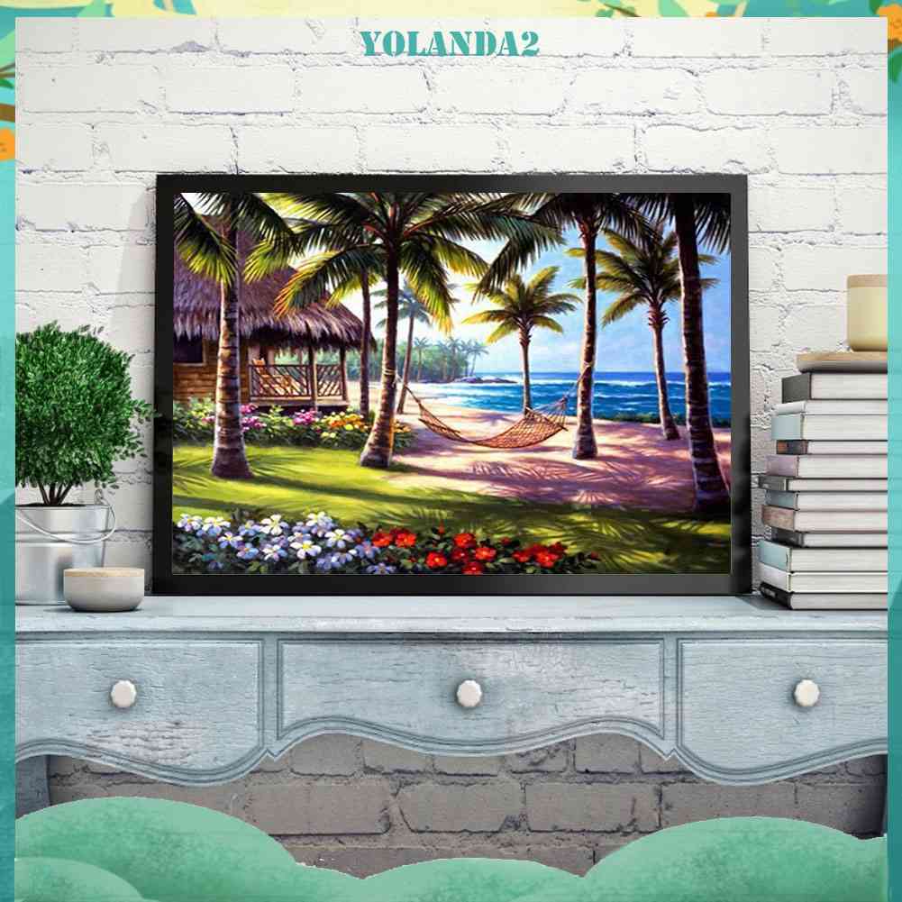 Bộ Tranh Đính Đá Tự Làm Toàn Diện Họa Tiết Cây Dừa Trên Bãi Biển Dùng Trang Trí Nhà