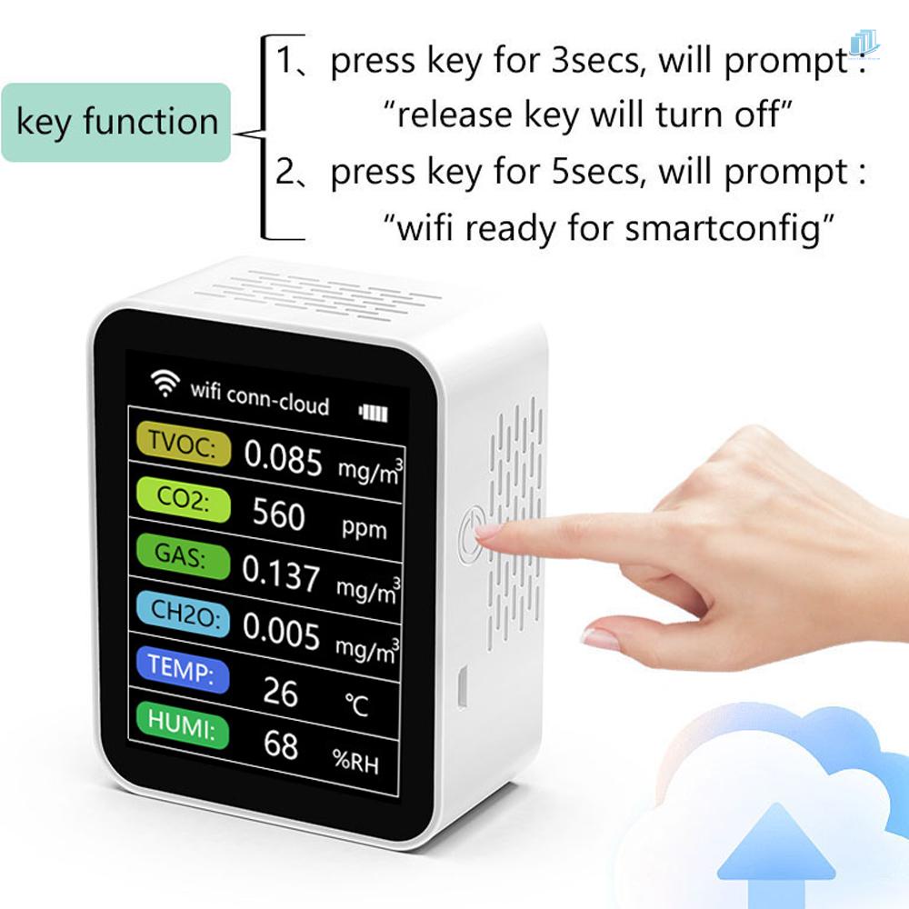 Thiết Bị Dò Chất Lượng Không Khí Di Động 6 Trong 1 TVOC CO2 Gases CH2O Để Bàn Cho Nhà Ở / Văn Phòng