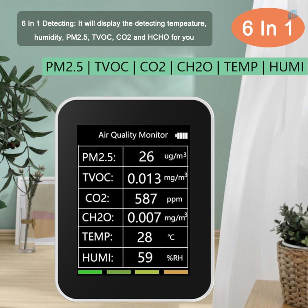 Máy Đo Độ Ẩm Không Khí Để Bàn 6 Trong 1 Đa Năng PM2.5 TVOC CO2 CH2O