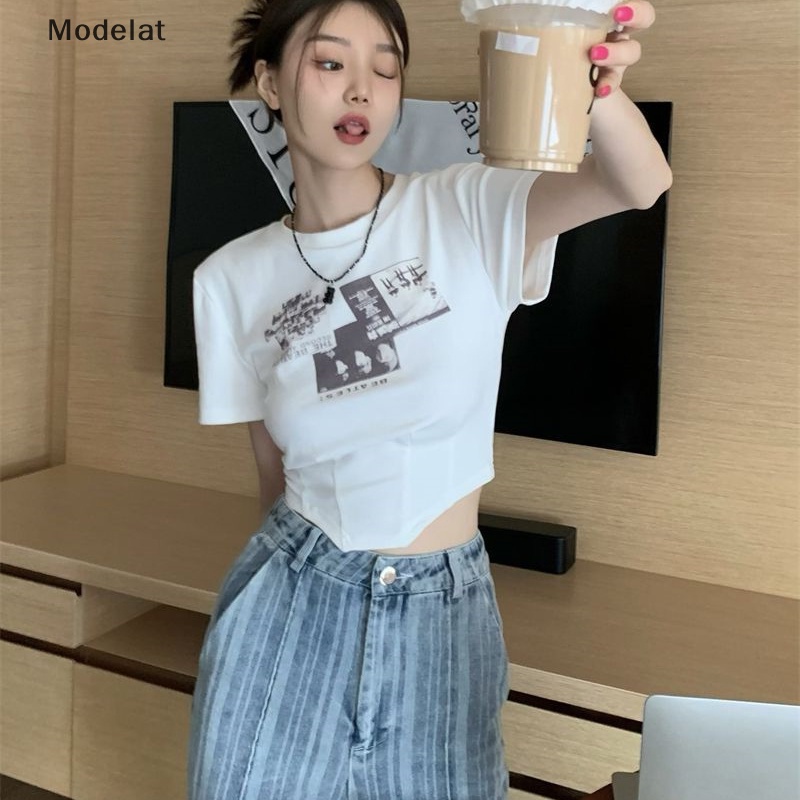 Áo Croptop Tay Ngắn Cổ Tròn In Họa Tiết Phong Cách Retro Dành Cho Nữ