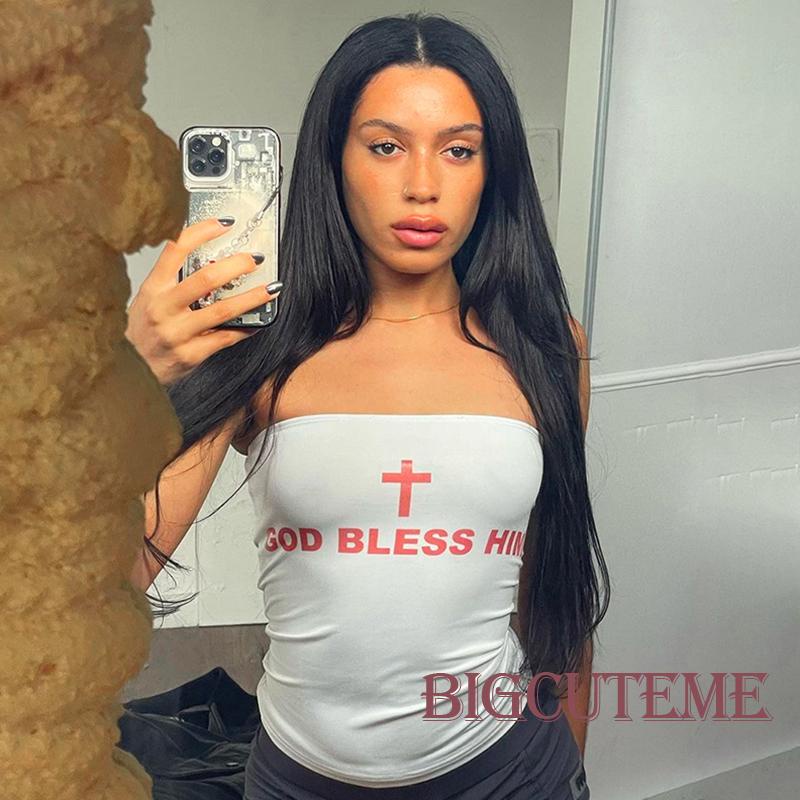 [] Áo Ống Không Dây Mỏng Vừa Vặn Họa Tiết Chữ Thập Màu Trắng Thời Trang Mùa Hè Cho Nữ