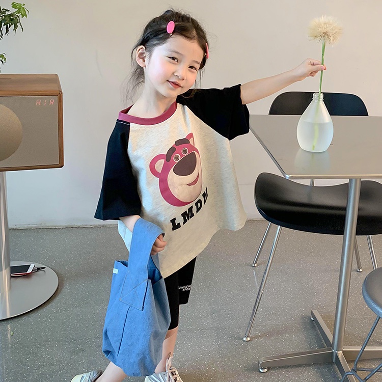 Áo Thun Cotton Tay Ngắn Màu Sắc Tương Phản Họa Tiết Gấu Và Dâu Tây Thời Trang Mùa Hè Cho Bé Gái