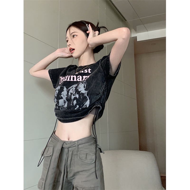 Áo Thun Tay Ngắn Phối Dây Rút In Họa Tiết Phong Cách Cổ Điển Thời Trang Mùa Hè Xinh Xắn Cho Nữ