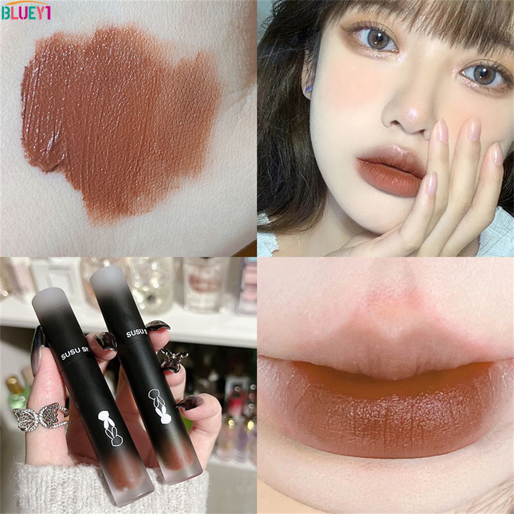 Magic Black Rabbit Matte Lip Màu Hồng Sa Tanh Mềm Mại Cảm Ứng Kem Dưỡng Ẩm Mịn Màng Son Bóng Trang Điểm Môi Lì Nhẹ Màu Nude Bluey1