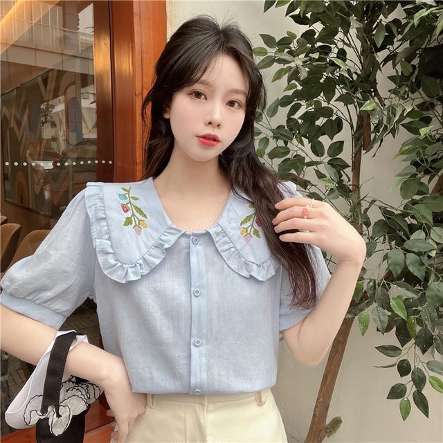 Áo Sơ Mi Ngắn Tay Cổ Chữ U Thêu Họa Tiết Thời Trang Mùa Hè Mới Cho Nữ