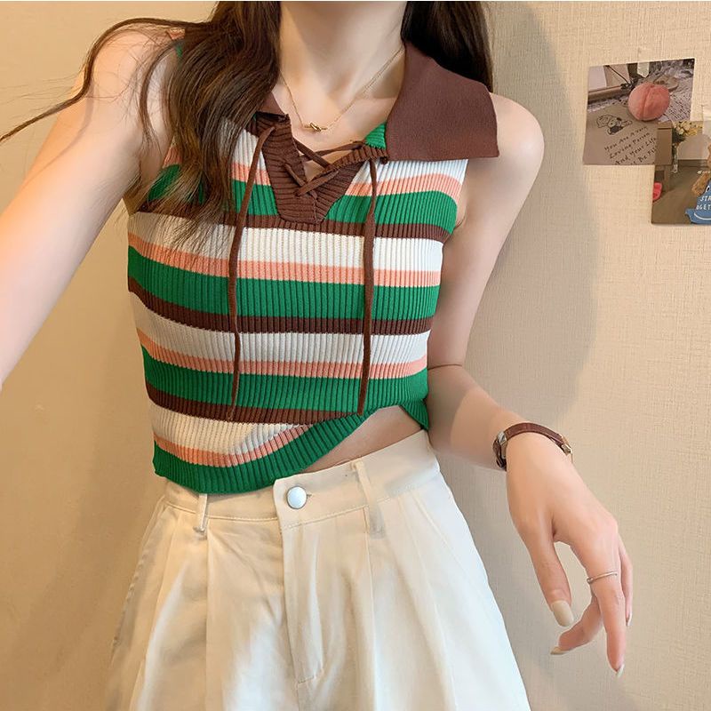 Áo Hai Dây Cổ Polo Họa Tiết Kẻ Sọc Màu Tương Phản Phong Cách Retro Thời Trang Mùa Hè Cho