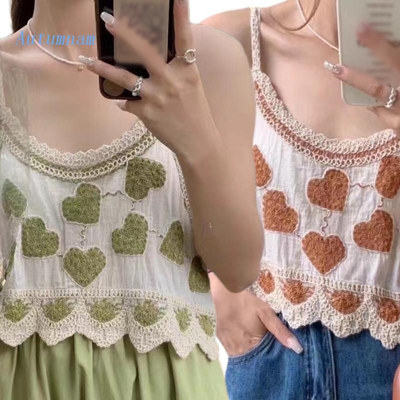 Áo Croptop Hai Dây Phối Ren Thêu Họa Tiết Trái Tim Ngọt Ngào Cho Nữ