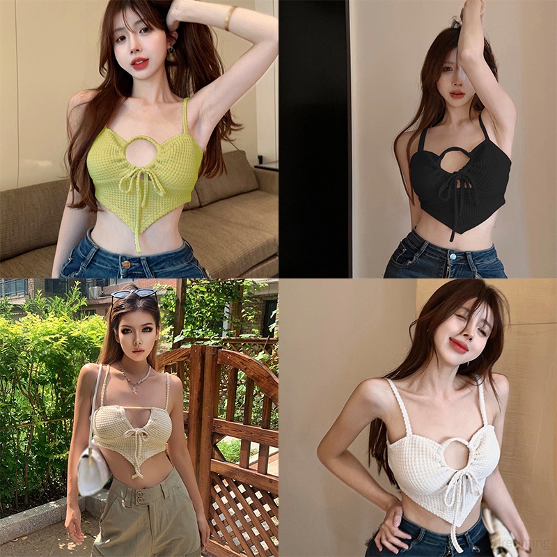 Áo Croptop Sát Nách Dệt Kim Màu Trơn Dáng Ôm Phối Ren Lỗ Lưới Thời Trang Quyến Rũ Cho Nữ