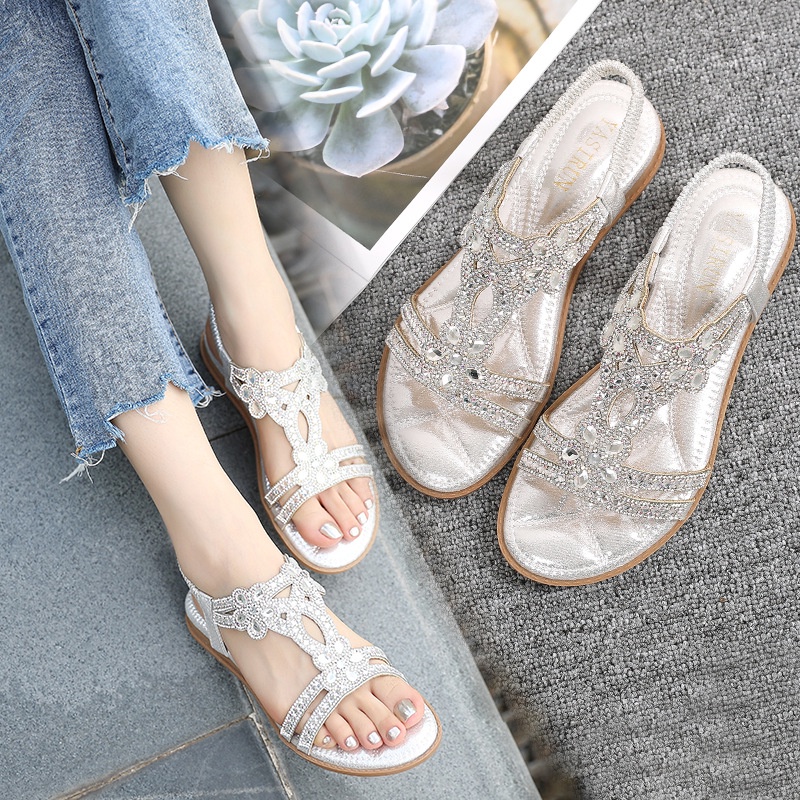 Giày Sandal Đế Bằng Đính Đá Phong Cách Bohemian Thời Trang Cho Nữ Có Size Lớn