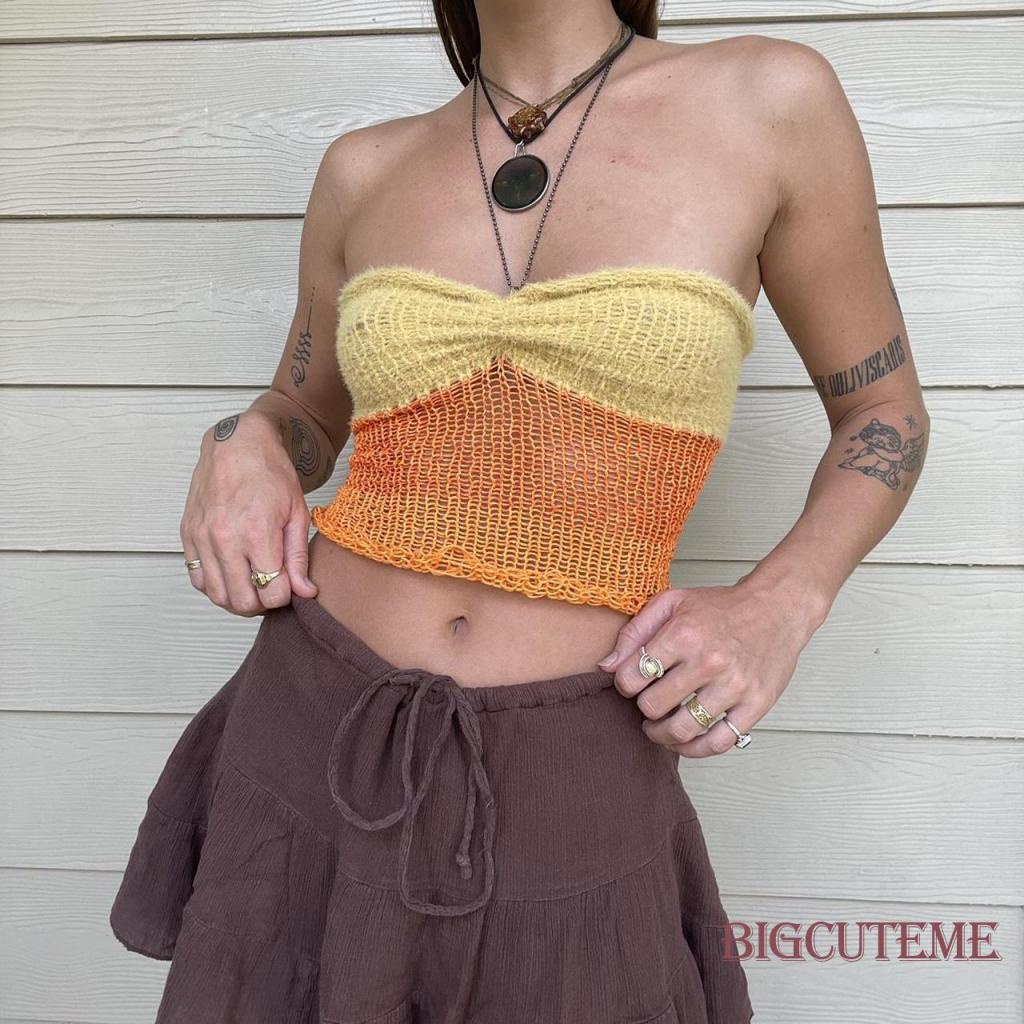 Áo Ống Dệt Kim Mini Không Tay Màu Sắc Tương Phản Thời Trang Mùa Hè Dành Cho Nữ
