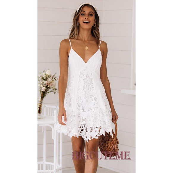 [] - Đầm Hai Dây Cổ Chữ V Màu Trắng Trơn Mini Thời Trang Mùa Hè Cho Nữ