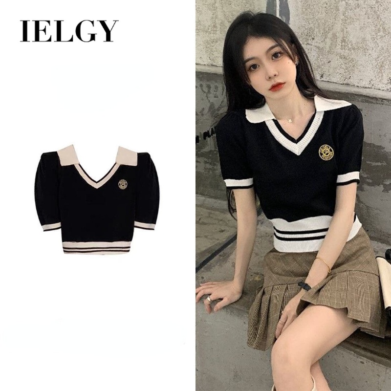 IELGY  Áo Thun Ngắn Tay Cổ Chữ V Màu Sắc Thời Trang Cho Nữ