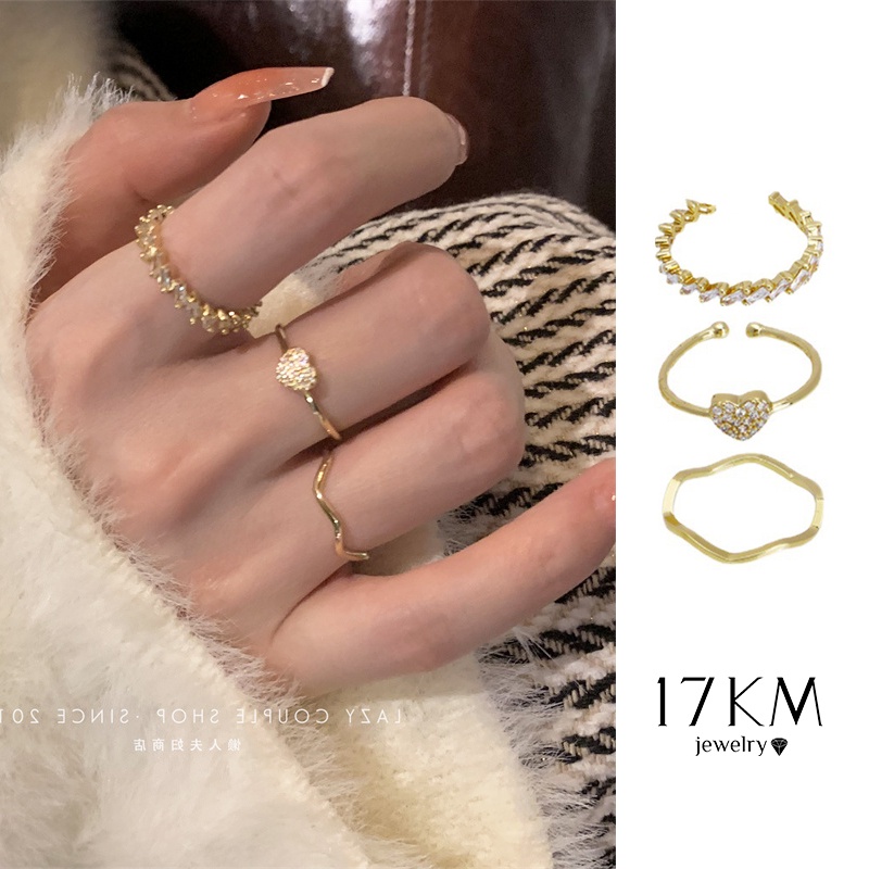 Bộ 3 nhẫn vàng 17KM mặt trái tim có thể điều chỉnh kích cỡ thời trang Hàn Quốc cho nữ