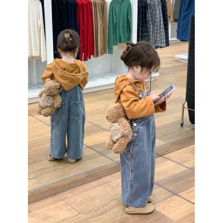 Bộ Áo Hoodie + Quần Yếm Denim Ống Rộng Thời Trang Cho Bé Gái