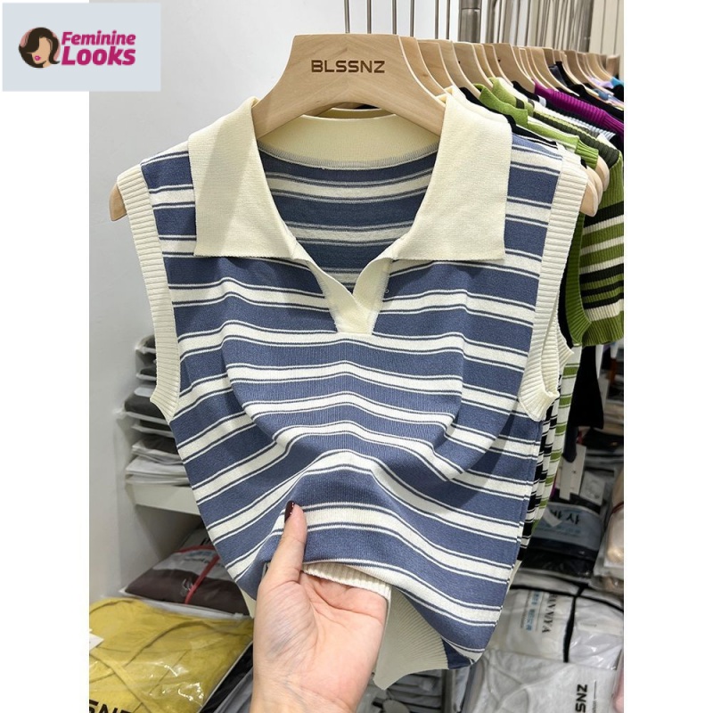 Áo Dệt Kim Sát Nách Cổ Polo Họa Tiết Kẻ Sọc Thời Trang