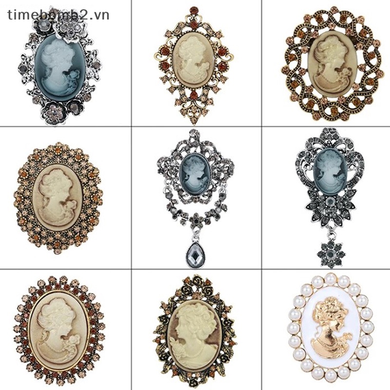 {Timebomb} Ghim Cài Áo Đính Đá Pha Lê Phong Cách Vintage Cameo Beauty.