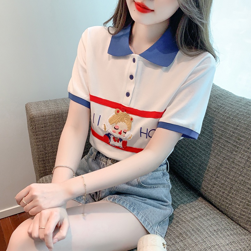 Áo thun polo MULTIPLICATION ngắn tay thêu hình gấu màu tương phản thời trang Châu Âu mùa hè 2023 dễ phối đồ cho nữ