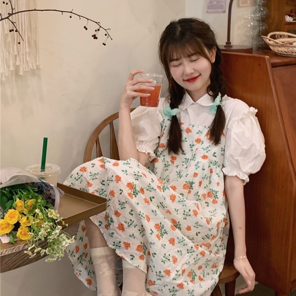 Set Áo Sơ Mi Trắng Ngắn Tay Phồng + Đầm Hai Dây Họa Tiết Hoa Thời Trang Mùa Hè Cho Nữ