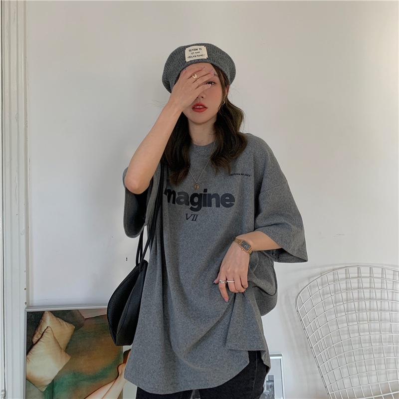 Áo Thun Tay Lửng Dáng Rộng In Chữ Trước Sau Lưng Phong Cách Hàn Quốc