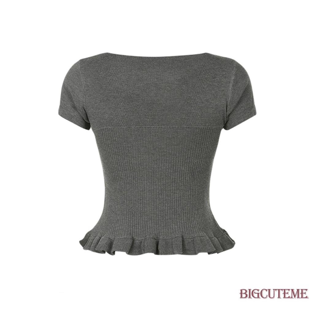 Áo Dệt Kim Ngắn Tay Cổ Vuông Phối Bèo Họa Tiết Chấm Bi Phong Cách Đường Phố