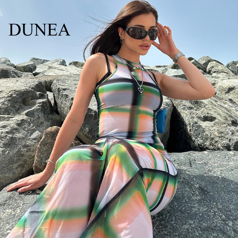 DUNEA Đầm Lửng Không Tay Phối Lưới In Họa Tiết Quyến Rũ Dành Cho Nữ