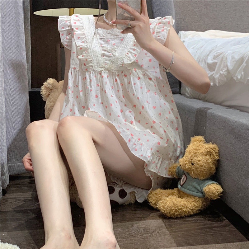 Bộ Đồ Ngủ Áo Không Tay Phối Bèo Lá Sen + Quần Short In Hoa Dễ Thương Thời Trang Mùa Hè Cho Nữ