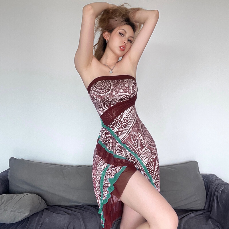 Kliou Đầm Chữ A Mini Không Tay Phối Bèo Nhún Họa Tiết Hoa Phong Cách Dân Tộc Cổ Điển Mẫu Mới 2023 Dành Cho Nữ