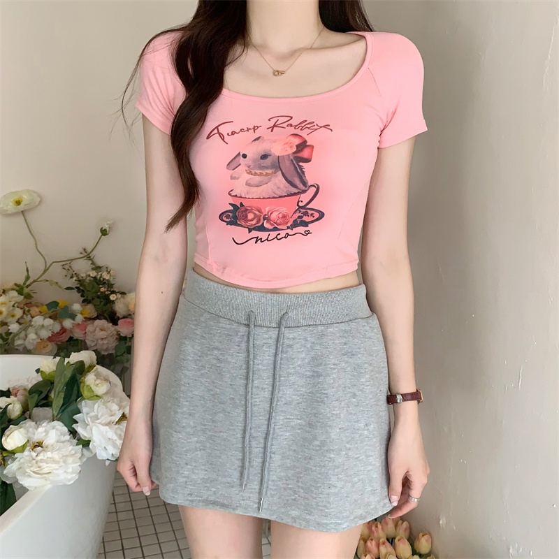 Áo Thun Croptop Ngắn Tay In Họa Tiết Thỏ Và Ly Trà Sữa Ngọt Ngào Dễ Thương Cho Nữ
