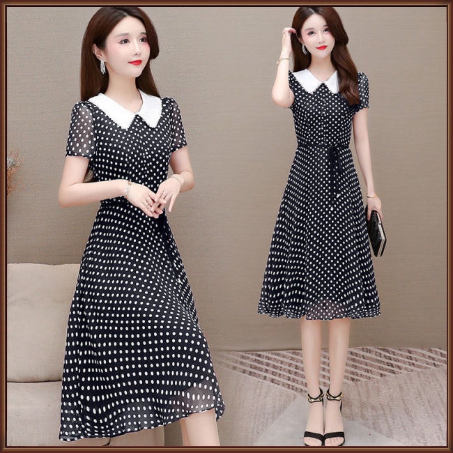 Đầm Dáng Chữ A Tay Ngắn Cổ Búp Bê Họa Tiết Chấm Bi Cỡ Lớn Thời Trang Mùa Hè Cho Nữ