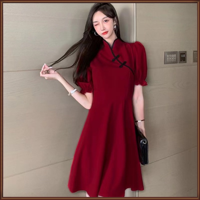 Đầm Sườn Xám Tay Ngắn Phồng Cổ Đứng Dáng Chữ A Thời Trang Thanh Lịch Cho Nữ