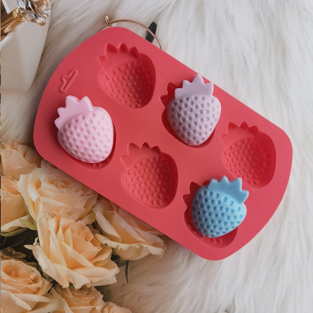 Khuôn Silicone Làm Bánh 6 Ngăn Tạo Hình Quả Dâu Tây Độc Đáo Tiện Dụng DIY