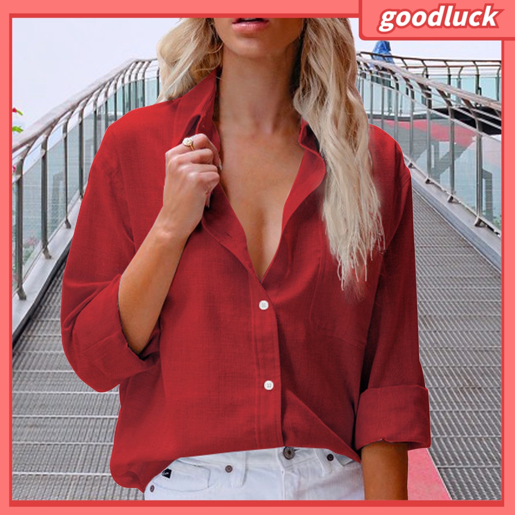 [ULK] Áo Sơ Mi Màu Trơn Cài Một Hàng Nút Thư Giãn Mùa Hè Thu Cho Nữ
