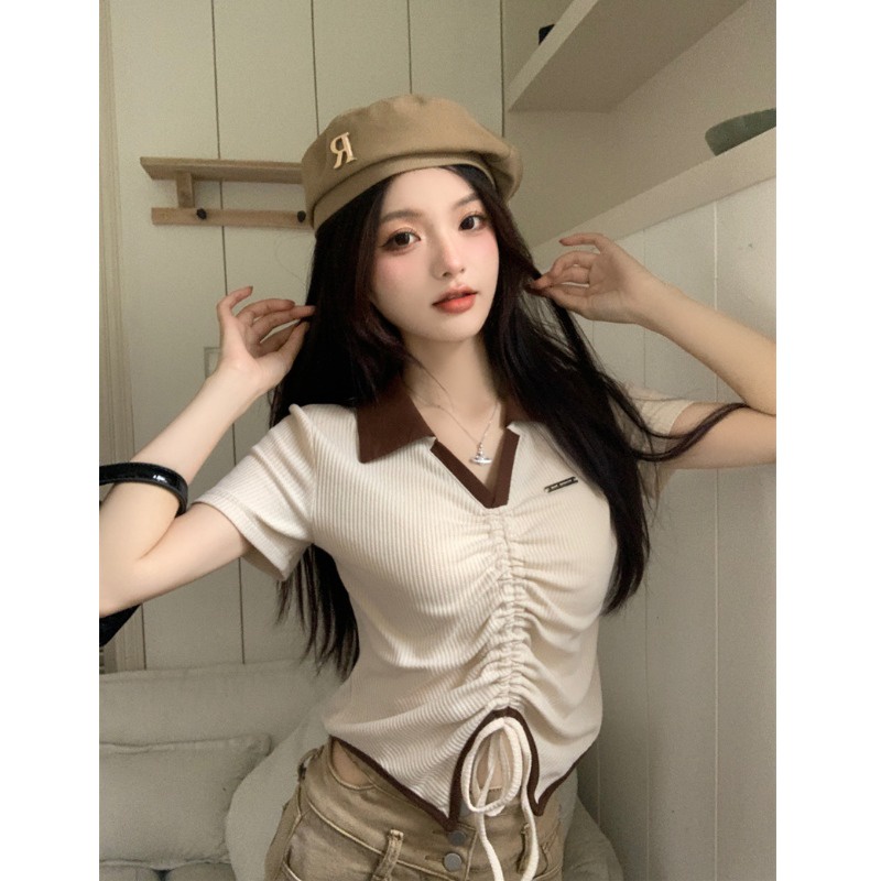 Áo Thun Polo Tay Ngắn Chất Liệu Cotton Phong Cách Hàn Quốc Thời Trang Cho Nữ