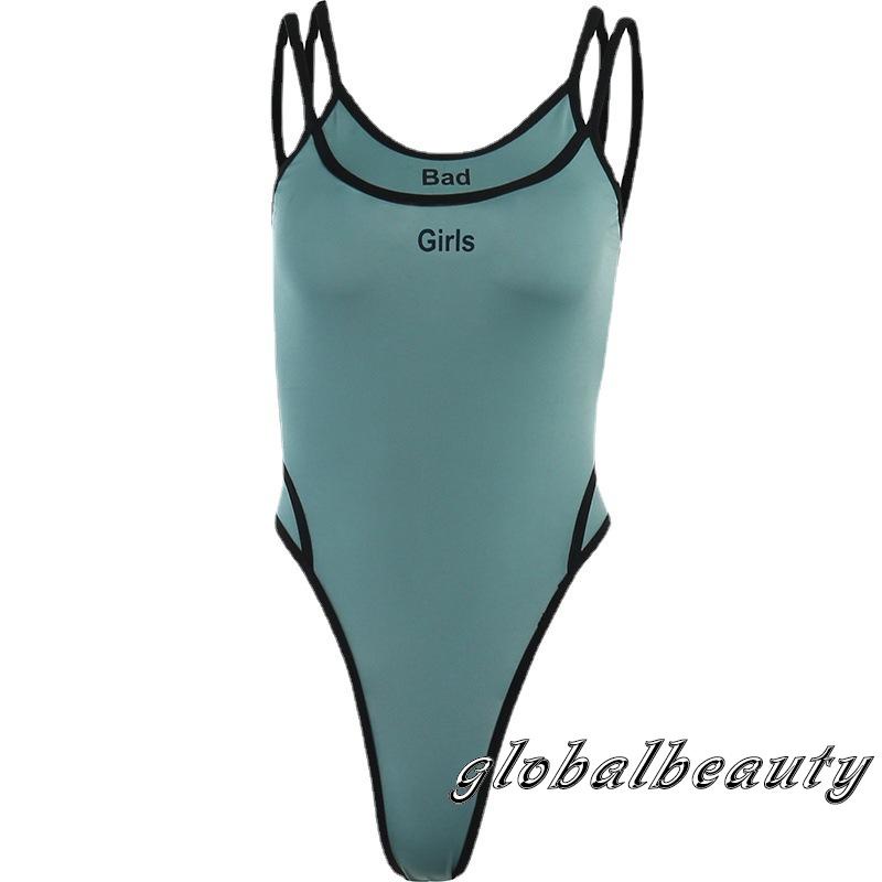 Bộ Áo Liền Quần Hai Dây Màu Sắc Tương Phản In Chữ 00GB Dành Cho Nữ