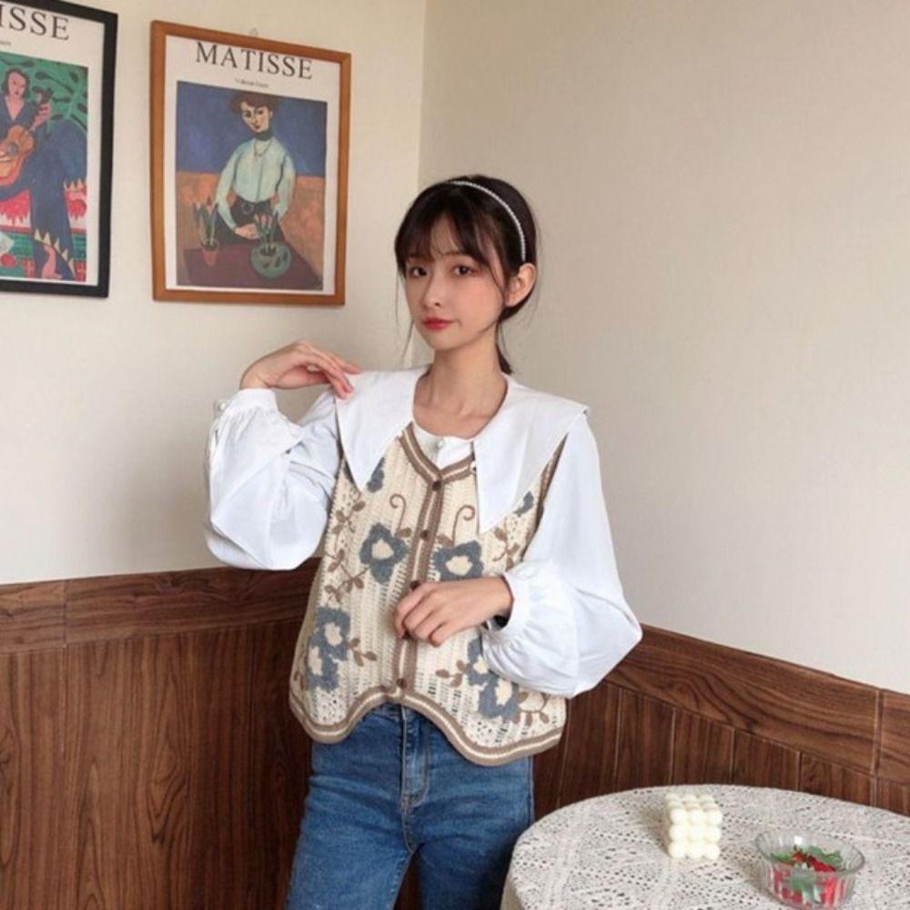 Áo Croptop Dệt Kim Sát Nách Thêu Họa Tiết Hoa Phong Cách Retro Hàn Quốc