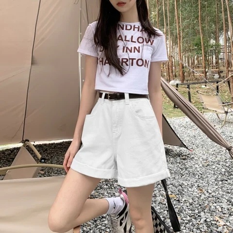 NZN Quần short Jean Nữ Lưng Cao Ống Rộng Màu Sắc Đơn Giản