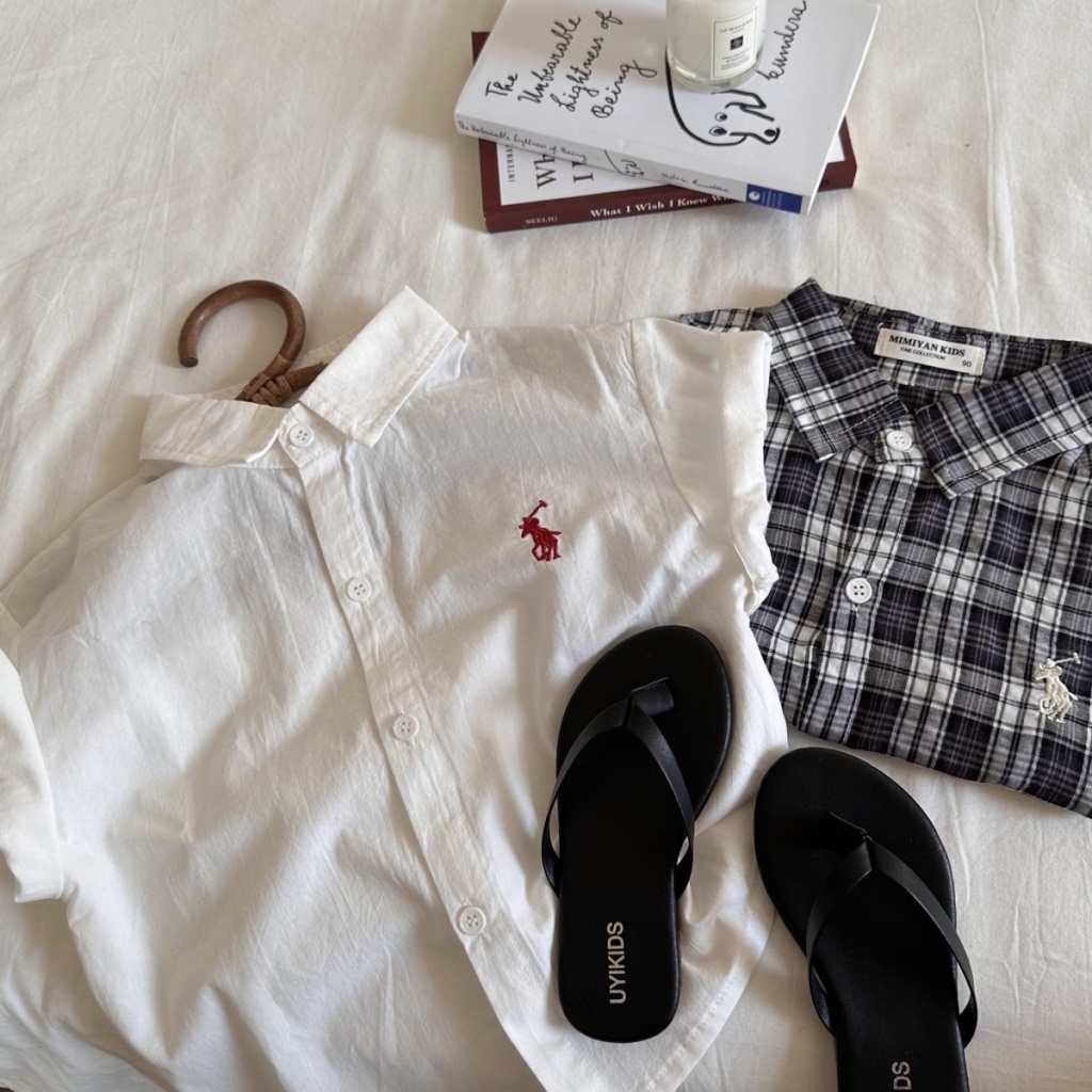 Áo Sơ Mi Ngắn Tay Thêu Họa Tiết Caro Thời Trang Mùa Hè Hàn Quốc Mới Cho Bé Trai Và Gái