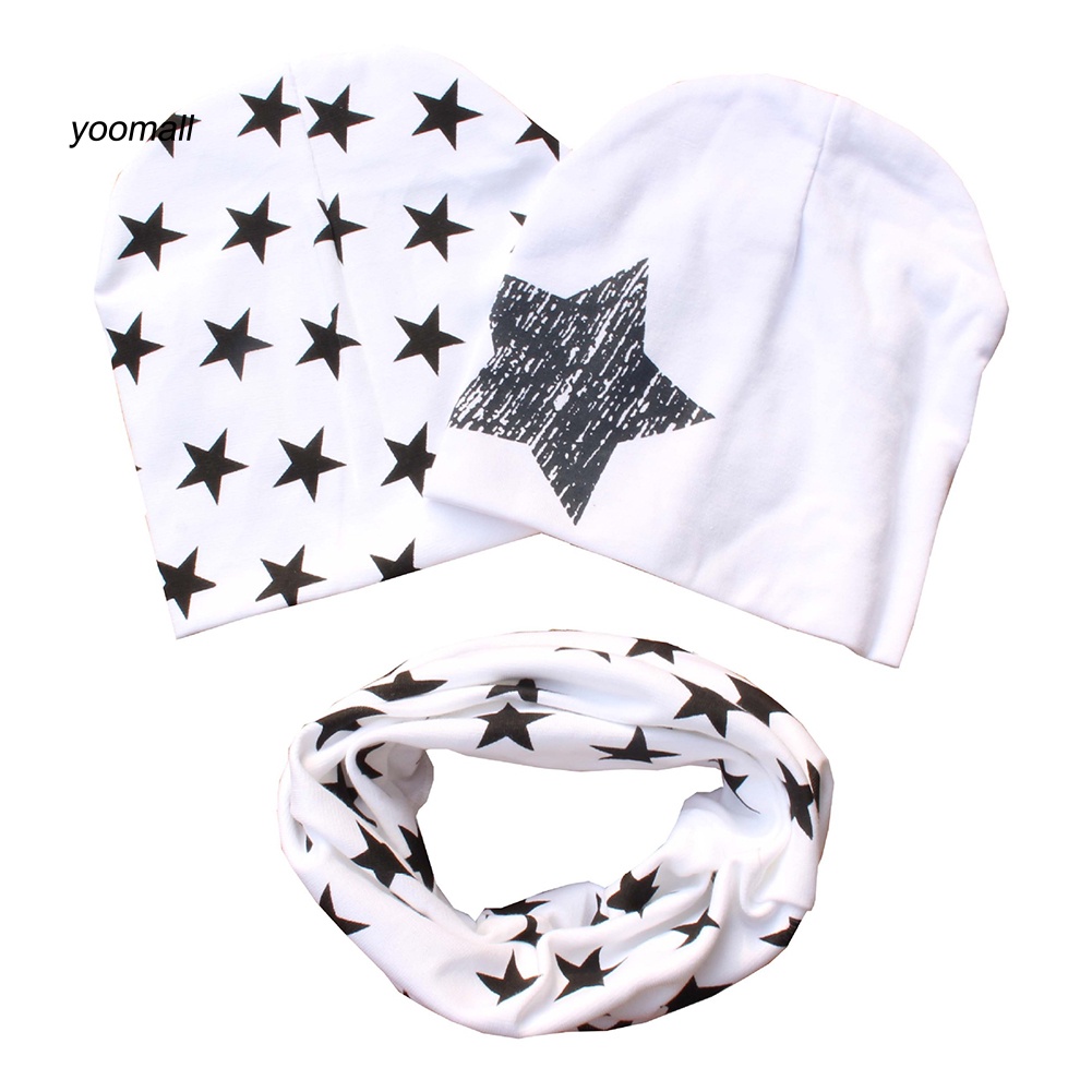 Set 3 Mũ Beanie Kèm Khăn Choàng Cổ Giữ Ấm Mùa Đông In Họa Tiết Ngôi Sao Cho Bé