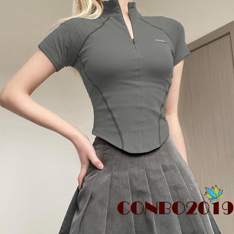 Áo Crop Top Tay Ngắn Cổ Đứng Phối Khóa Kéo Thời Trang Cho Nữ