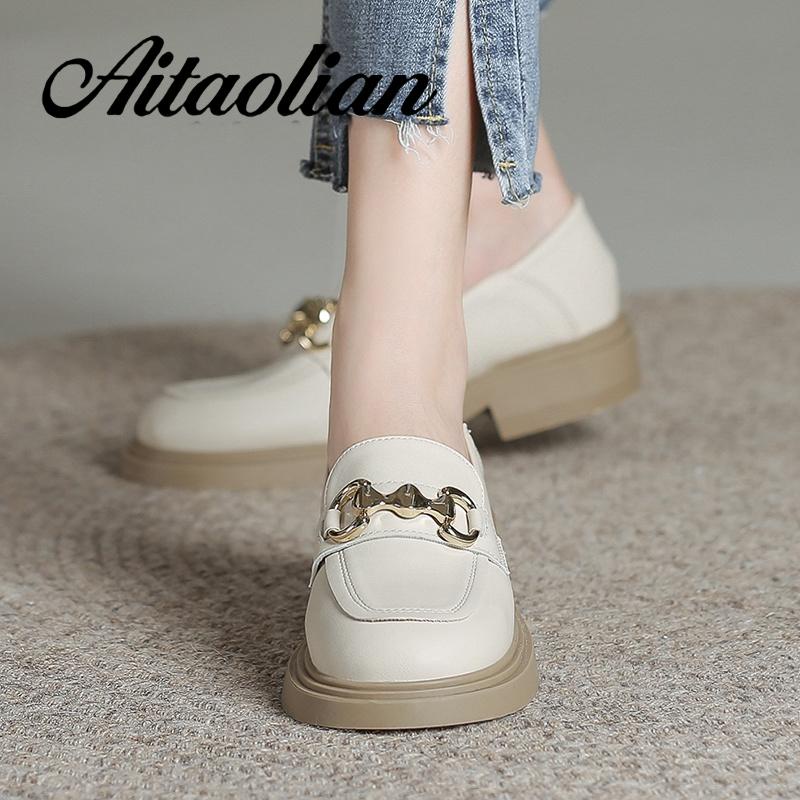 Giày Lười Da Thật Đế Bằng 3cm Phối Khóa Kim Loại Đơn Giản Thời Trang Cho Nữ